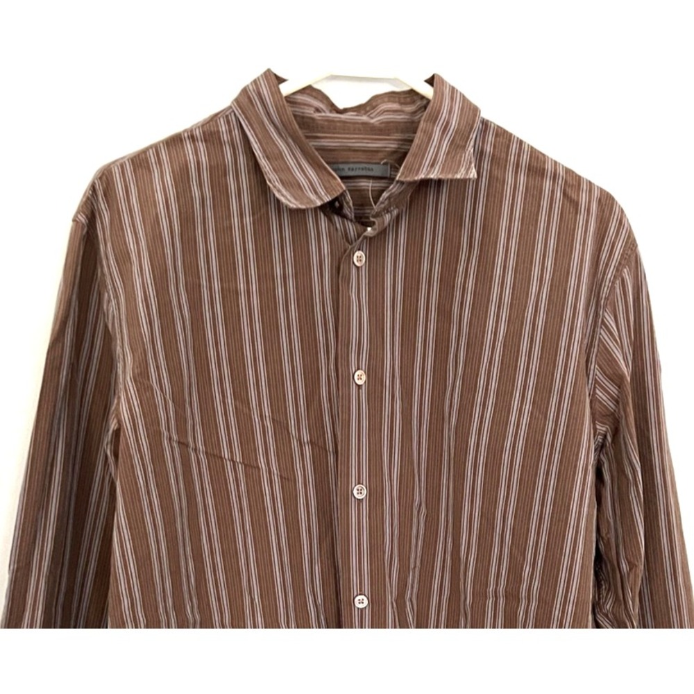 John Varvatos Shirt Mens Large Brown Striped Button Down Long Sleeve Cotton